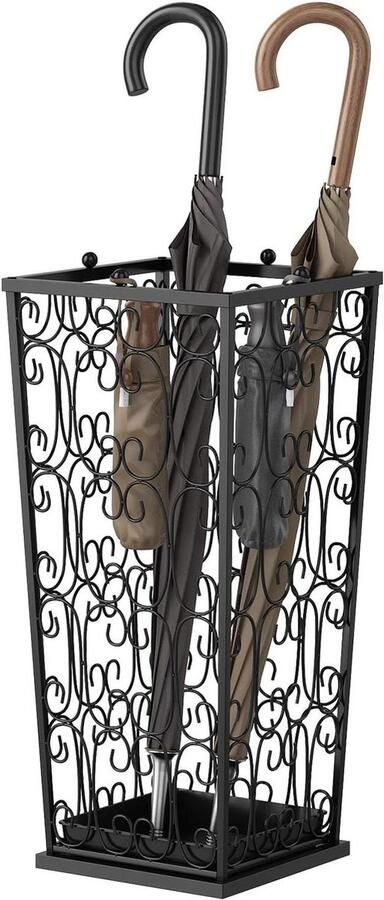 Paraplubak GROTE MAAT Zwart Metaal Klassieke Wandelstok Houder-Paraplu Stand Thuiskantoor-Opstal Met 4 Top Knop Haken en Een Bodem Regenwater Lekkende Lade 56 * 25 * 25 CM