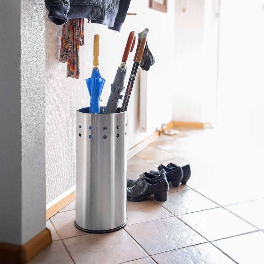 Paraplubak met lekbak antislip voor wandelstokken rvs H x Ø: 49 5 x 22 5 cm ronde parapluhouder zilver - Foto 2