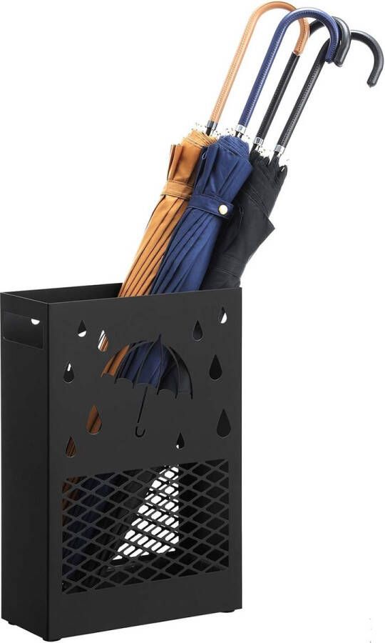 Paraplubak metaal paraplubak rechthoekig met een afneembare wateropvangbak 4 haken uitsnijding ontwerp voor de gang en het kantoor zwart LUC004B01