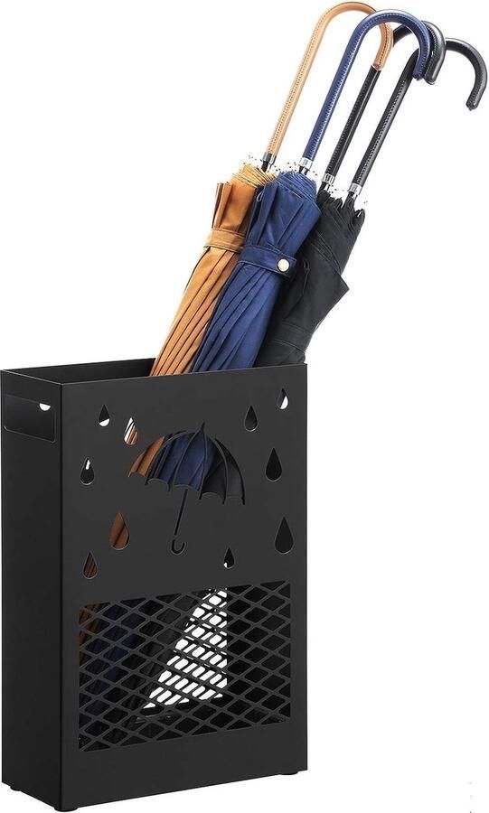 Paraplubak metaal paraplubak rechthoekig met een afneembare wateropvangbak 4 haken uitsnijding ontwerp voor de gang en het kantoor zwart LUC004B01