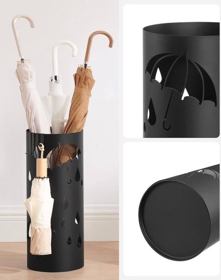 Paraplubak rond van metaal met 4 haken verwijderbare wateropvangbak 17 x 41 cm (Ø x H) voor inkomhal gang zwart