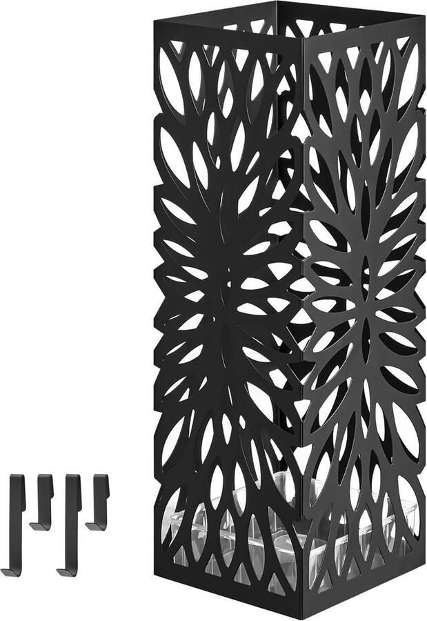 Paraplubak Vierkant Metaal Voor Entree Wandestokken Uitneembare Wateropvangbak 4 Haken Zwart LUC026B33