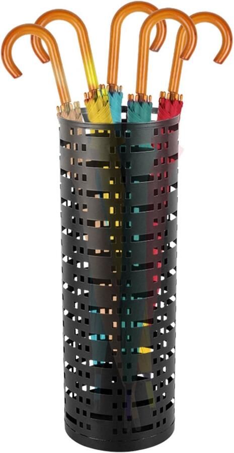 Paraplubakken Moderne ronde metalen paraplubak met sculptuur design staande paraplubak met haken voor thuiskantoor hotelingang 15×15×42 cm (zwart)