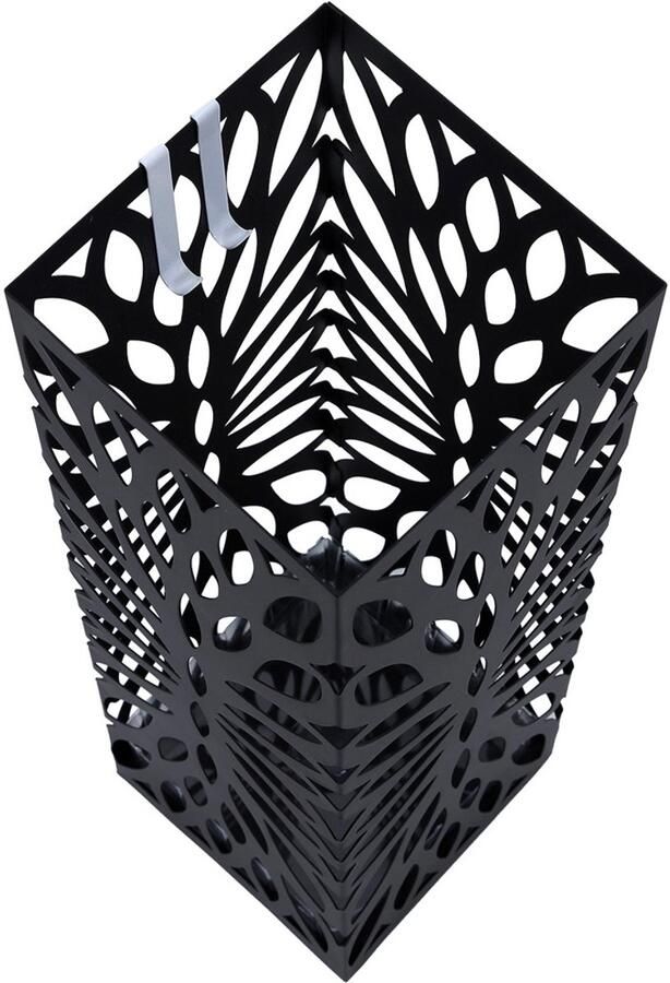Parapluhouder met 4 haken en afneembaar lekbakje Stijlvol modern minimalistisch open design Stevig en duurzaam metalen frame Geschikt voor gang en kantoor 15 5 x 15 5 x 49 cm Zwart