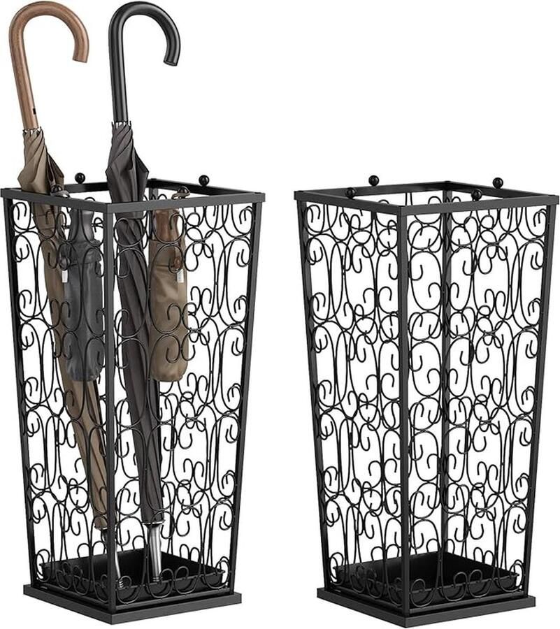 Grote zwarte metalen paraplubak wandelstok thuiskantoor hal opbergruimte met 4 haken aan de bovenkant en een bodem die regenwater lekt 56 x 25 x 25 cm