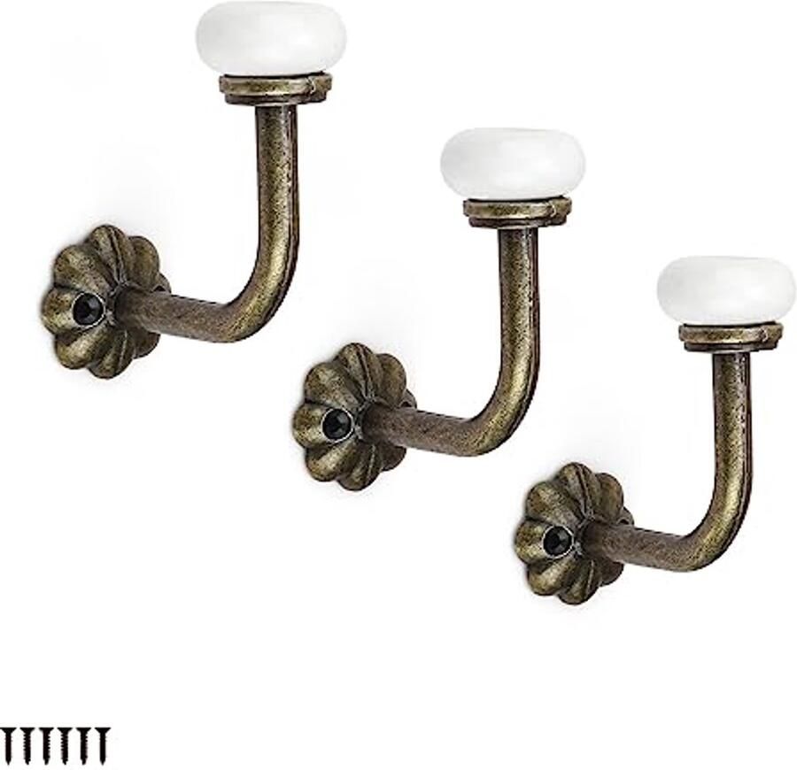 PARFCO Vintage wandhaken 3 stuks dubbele haken bronskleur keramische kapstokken met 6 schroeven zinklegering kapstokken voor jassen hoeden retro decoratiestijl