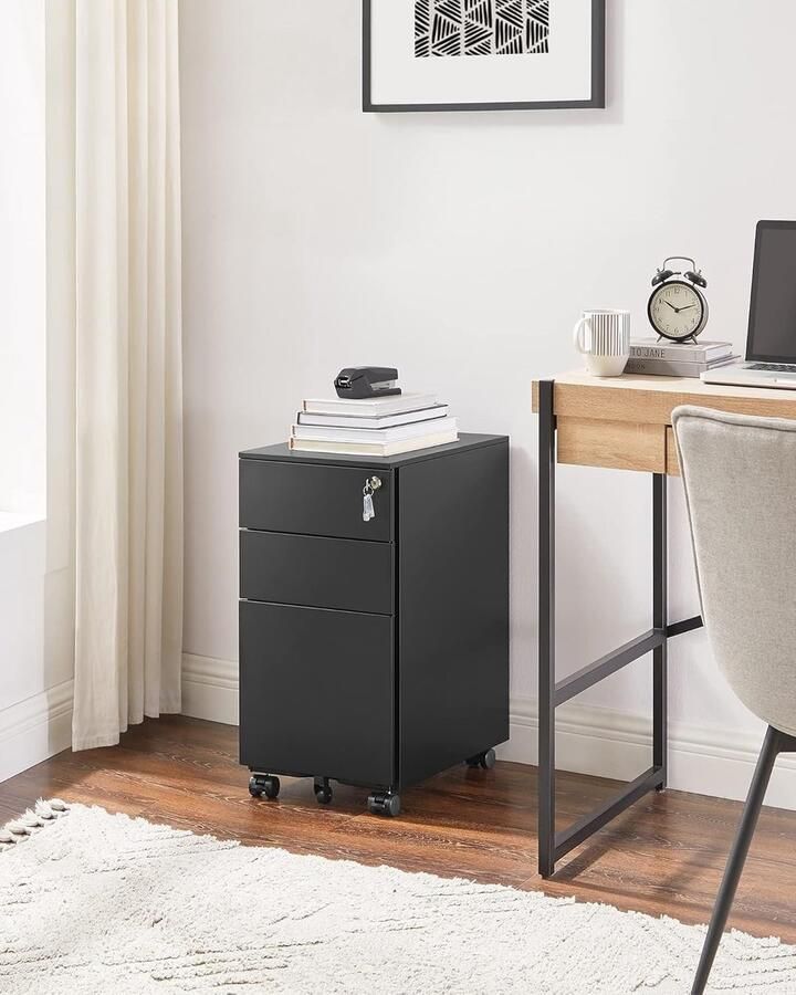 Signature HOME Ladeblok met afsluitbare Ladeblok bureau op wieltjes- 3 Lades metaal 30 x 45 x 60 cm zwart - Foto 2