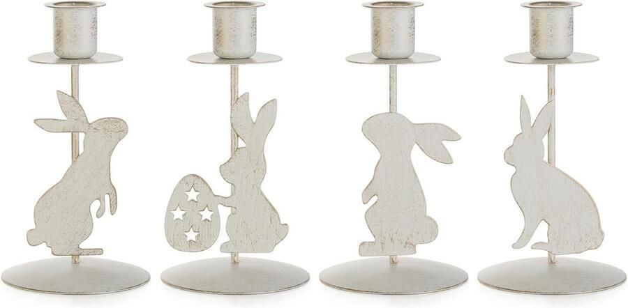 Pasen Decor Kandelaar Houder Set van 4 Rustiek Konijn Metalen Taper Kaarsenhouder Tafel Middenstuk Lente Woondecoraties Verweerd Wit