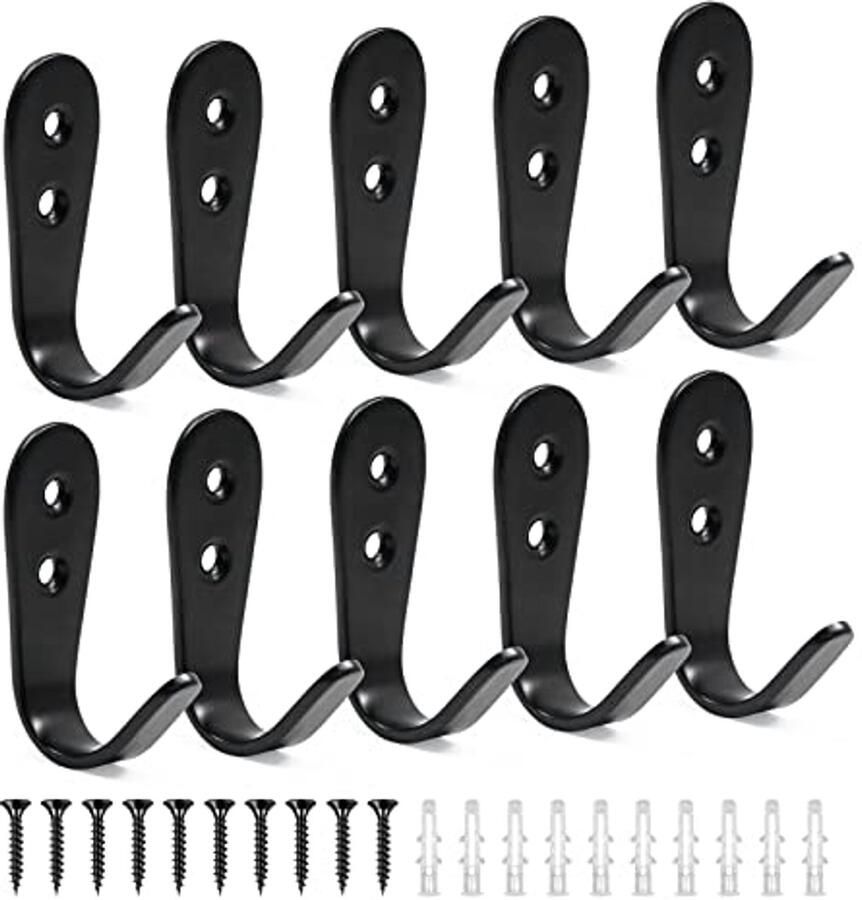 Pasking 10 stuks muurhaken zwart mat roestvrij staal kledinghaken en schroeven zware haken kapstokken voor kleding hoed sjaal tas handdoek sleutelkap binnen buiten
