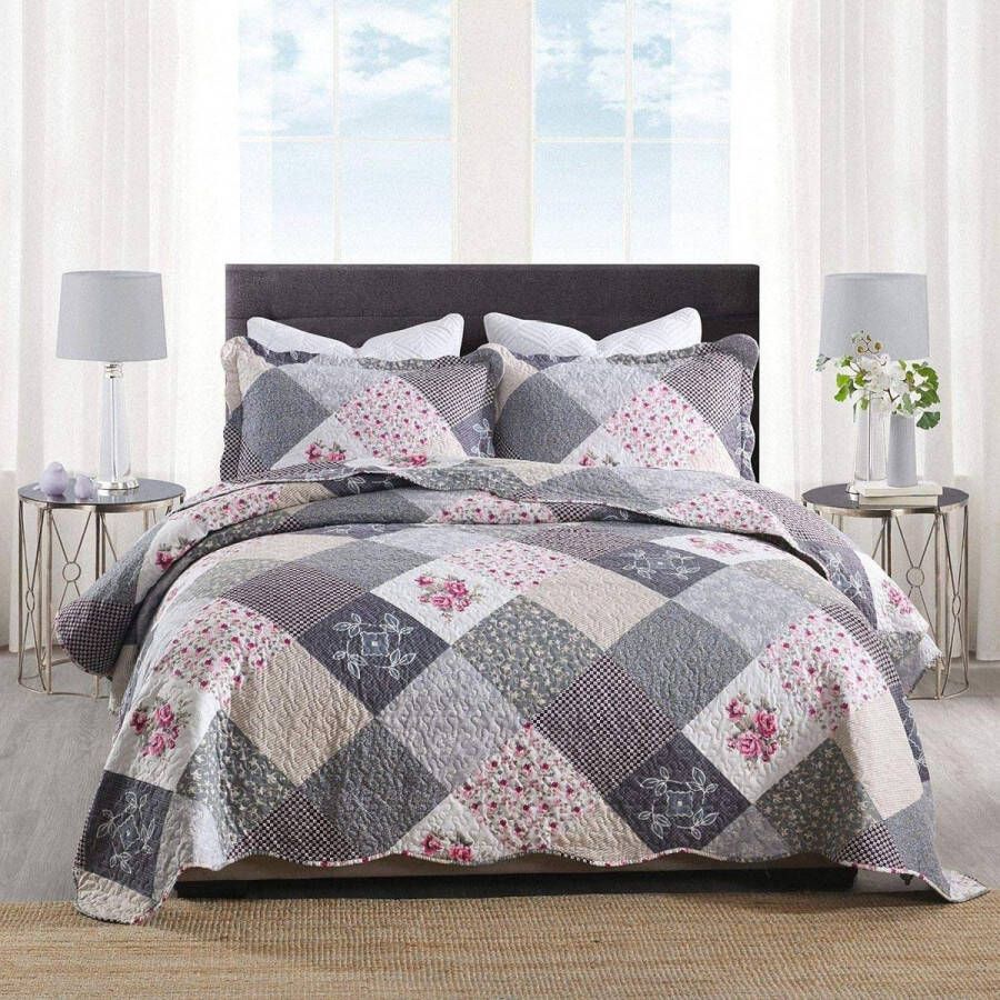 Patchwork 220 x 240 cm van Mirovezel 3-delige set met kussenslopen bedsprei tweepersoonsbed doorgestikt bloemen hoofdkleur in grijs