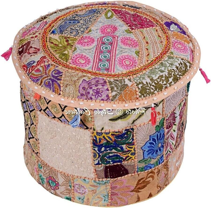 Patchwork geborduurde Ottoman kruk poef afdekking Beige bloemen Katoen Stylo cultuur