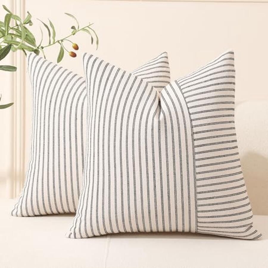 Patchwork kussenhoezen 16 x 16 inch set van 2 Zwart en Beige gestreepte linnen decoratie voor bank stoel en slaapkamer