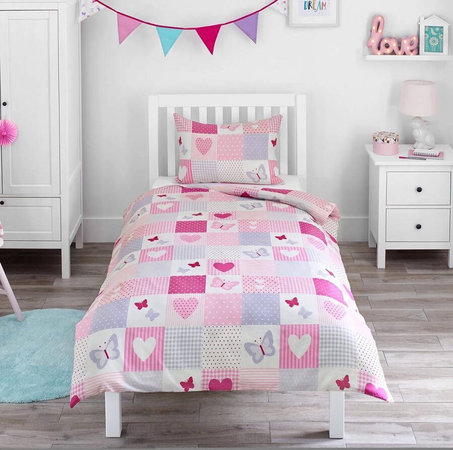 Patchwork met hartjes & vlinders beddengoedset voor kinderen roze dekbedovertrek 135cm x 200cm en kussensloop voor eenpersoonsbed