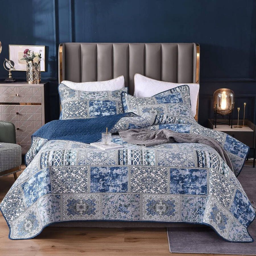 Patchwork sprei 220 x 240 cm blauwe bedsprei voor tweepersoonsbed vintage stijl gewatteerde zomerdeken met kussenset gemaakt van katoen en polyester shabby chic