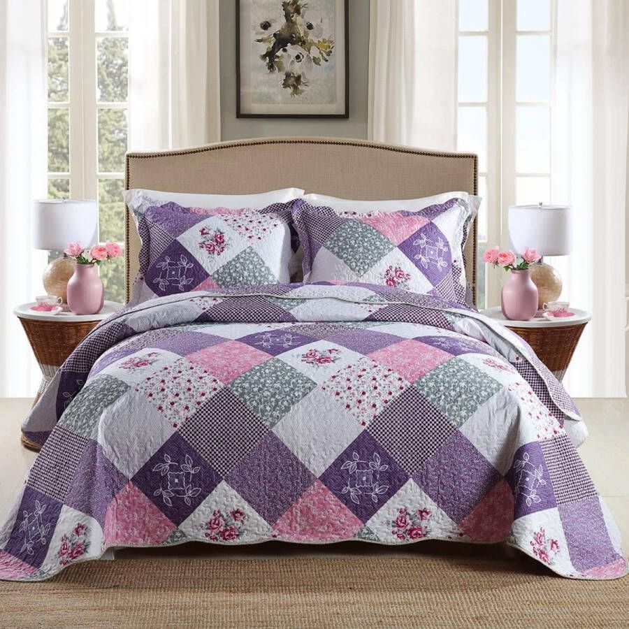 Patchwork sprei 240 x 260 cm lila patchwork deken set met kussen gewatteerde deken van polyester 250 x 270 cm sprei voor tweepersoonsbed