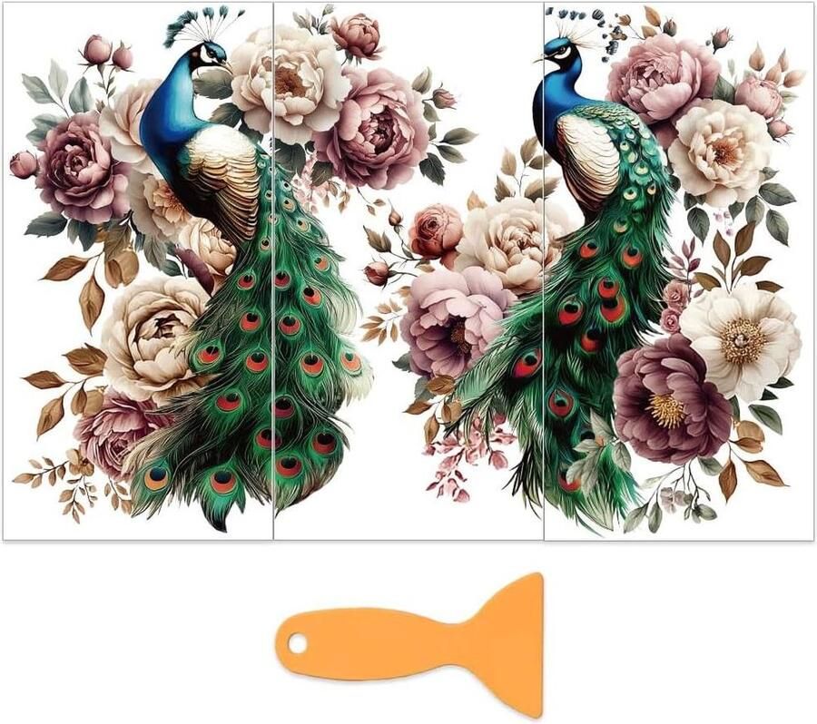 Pauw Pioen Wrijven op Transfers Meubels en Ambachten Bloem Meubels Decals Dier Transfer Stickers Houten Meubels Home 15x30cm 3 stks set met 1 st Schraper