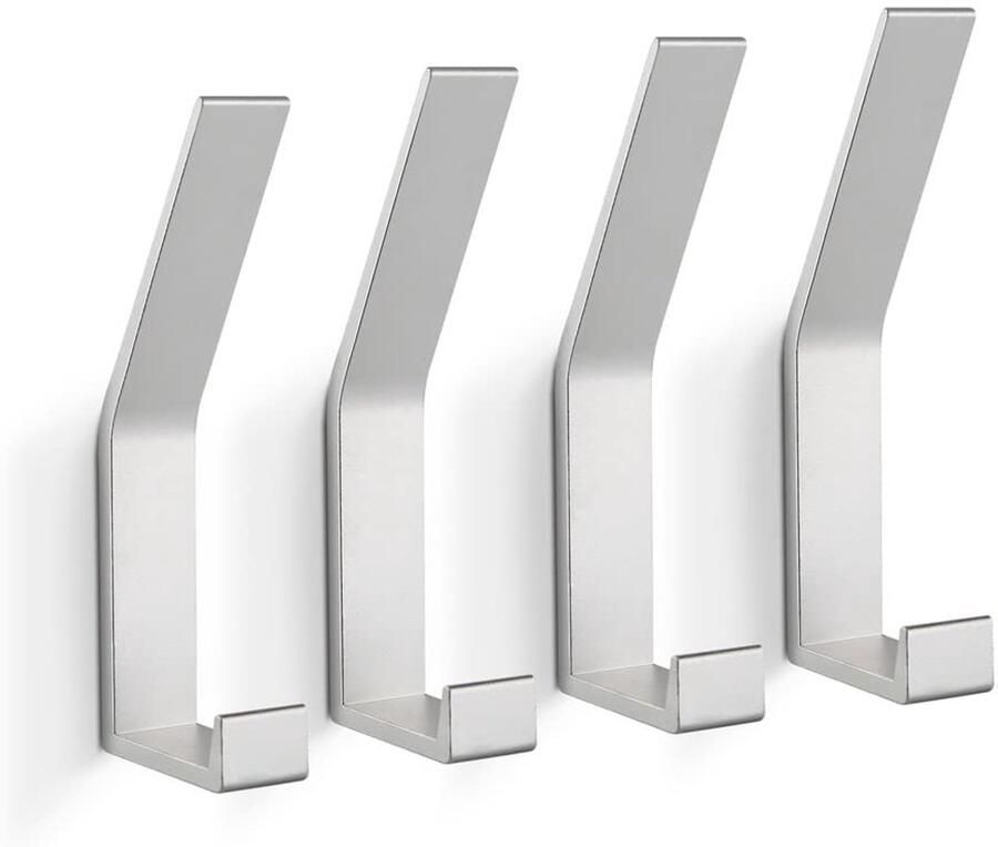 PDGROW kapstokhaken 4 stuks handdoekhaken om te boren (schroeven onzichtbaar!) wandkapstokhaken moderne kapstok voor jassen mantels kleding sjaals handtassen en meer (zilver)