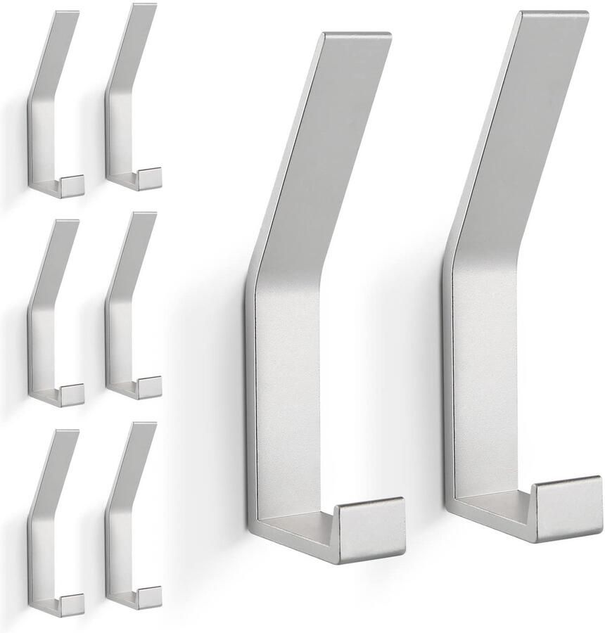 PDGROW kapstokhaken 8 stuks handdoekhaken om te boren (schroeven onzichtbaar!) moderne wandkapstokhaken voor jassen mantels kleding sjaals handtassen en meer (zilver)