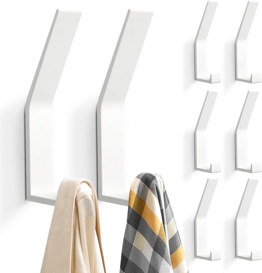 PDGROW kapstokhaken 8 stuks handdoekhaken om te boren (schroeven onzichtbaar!) wandkapstokhaken moderne kapstok voor jassen mantels kleding sjaals handtassen en meer (wit)