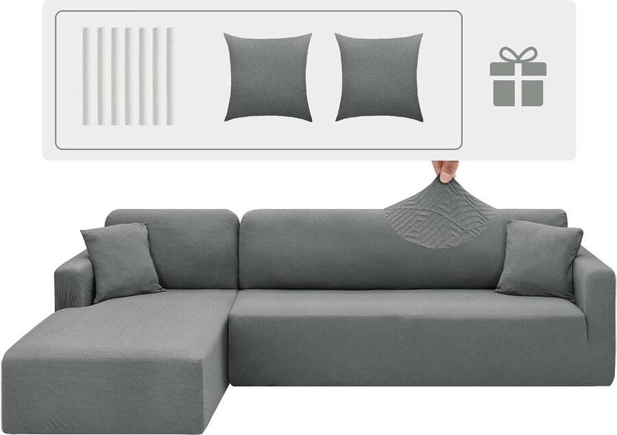 Peninsula bankovertrek voor hoekbank met elastiek 2-delige bankhoes links rechts chaise longue bankovertrek met kussenslopen L-vormige schiereiland bankhoezen 3-zits + 3-zits lichtgrijs