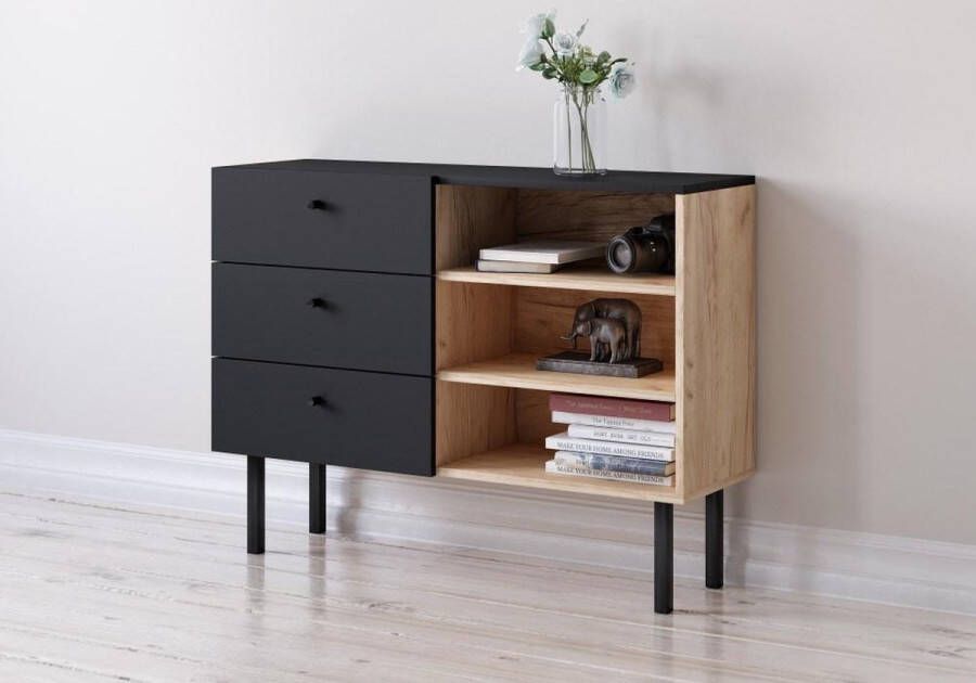 Perfecthomeshop Industrieel Dressoir Artisan Eiken & Mat Zwart 3 lades 100 cm