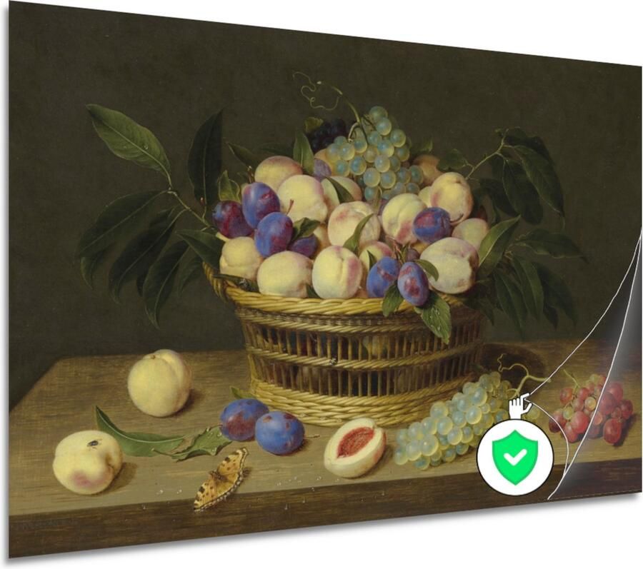 Perziken pruimen en druiven in een rieten mand met fruit en een vlinder op een houten tafel Jacob van Hulsdonck poster Fruit muurdecoratie Poster Eten Muurdecoratie industrieel Woonkamer poster Decoratie muur poster 60x40 cm