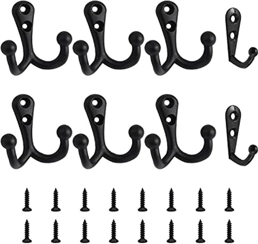 PFLYPF 8-delige vintage kapstokhaken met 16 schroeven wandaccessoires badkamerhaken metalen wandhaken dubbele wandhaken boorgatkapstokhaken geschikt voor kantoor keuken en gang (zwart)
