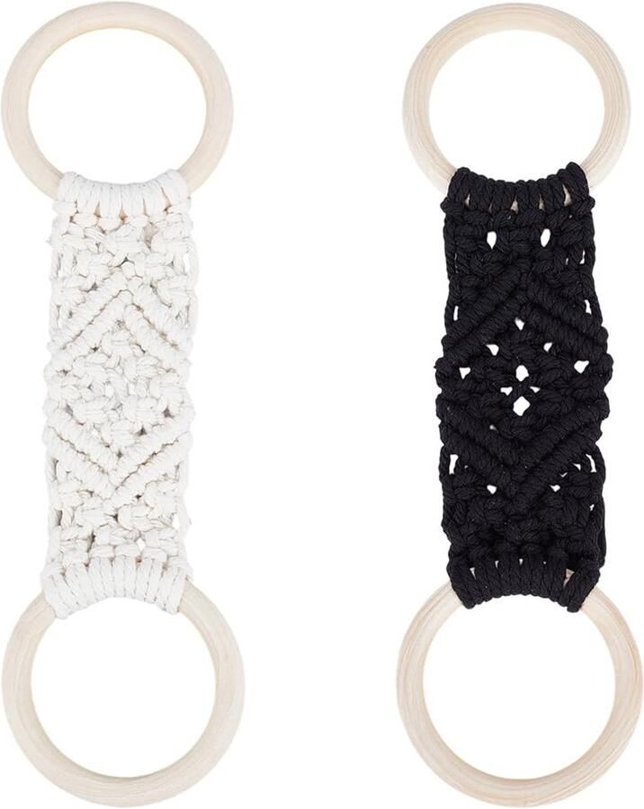 PH Pandahall 2pcs Crochet Tea Towel Holder for Kitchen Bathroom 28x7.5cm Boho Macrame Cotton Towel Holder Ring Wooden Loop Ring for Kitchen Cabinet Oven Stove Door Cloth White Black