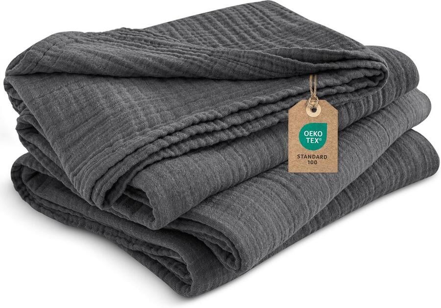 PHF 100% katoenen mousseline deken 130x150cm 4-laags zacht huidvriendelijk en ademend bedsprei comfort voor alle seizoenen Zwarte bankdeken voor slaapbank antraciet