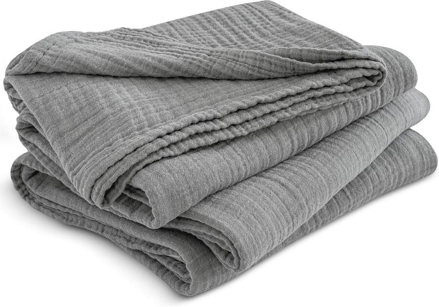 PHF 100% katoenen mousseline deken 150x200cm 4-laags zachte huidvriendelijke en ademende sprei comfort voor alle seizoenen grijze banksprei bankdeken voor bed en bank grijs