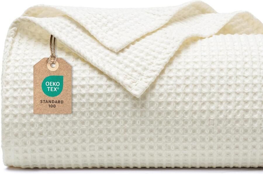 PHF 100% katoenen wafeldeken 130x150cm lichtgewicht en ademend perfect voor de zomer Oeko-TEX gecertificeerd Hotellinnenkwaliteit Ideaal voor bank bed crème