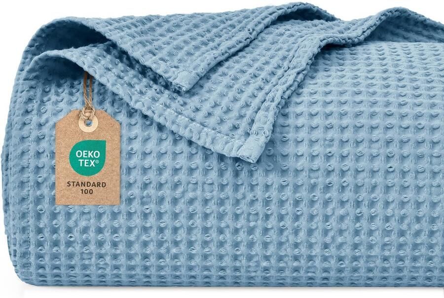 PHF 100% katoenen wafeldeken 220x240cm lichtgewicht en ademend perfect voor de zomer Oeko-TEX gecertificeerd Hotellinnenkwaliteit Ideaal voor bank bed stoffig blauw