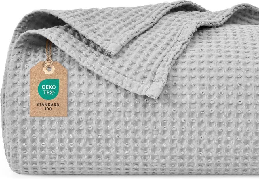 PHF 100% katoenen wafeldeken 220x240cm lichtgewicht en ademend perfect voor de zomer Oeko-TEX gecertificeerd Hotellinnenkwaliteit Ideaal voor bank bed lichtgrijs
