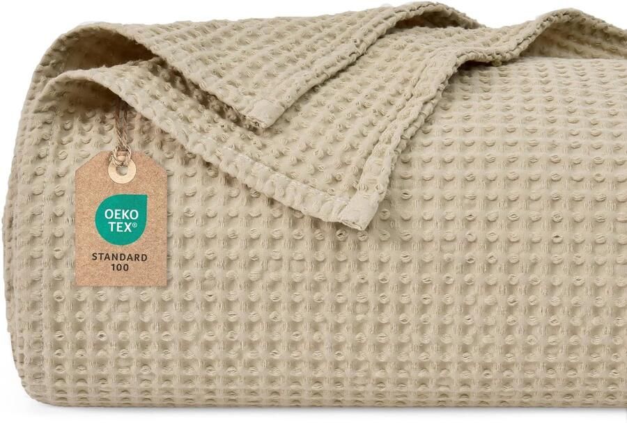 PHF 100% katoenen wafeldeken 230x270cm lichtgewicht en ademend perfect voor de zomer Oeko-TEX gecertificeerd Hotellinnenkwaliteit Ideaal voor bank bed kaki