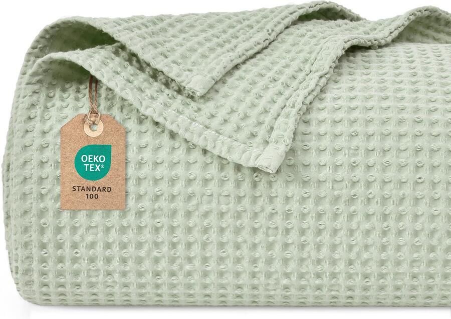 PHF 100% katoenen wafeldeken 230x270cm lichtgewicht en ademend perfect voor de zomer Oeko-TEX gecertificeerd Hotellinnenkwaliteit Ideaal voor bank bed grasgroen