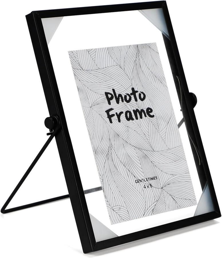 Photo Frame Staand Glas A5 15 x 20 cm Zwart Glas Fotolijst Glaslijst voor Bureau Decoratie DIY Foto's 60 Graden Klemhoek