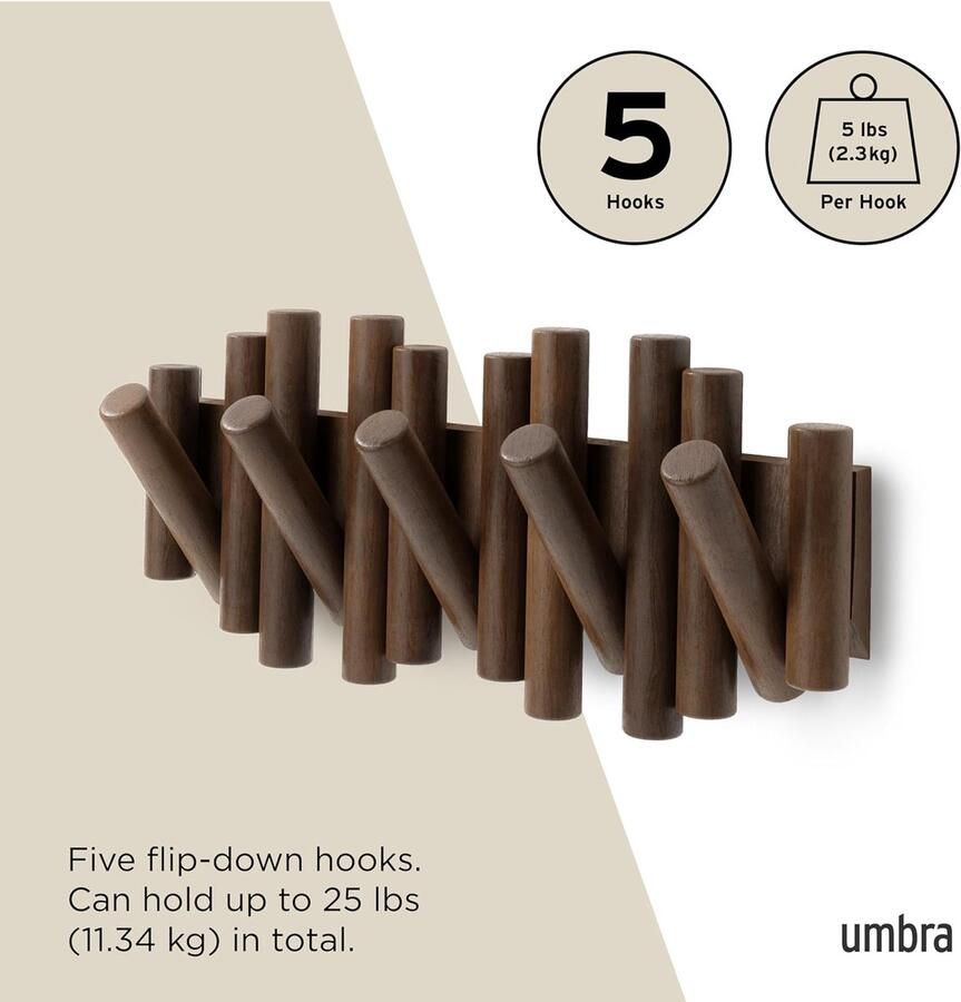 Picket Rail Hook Wall Coat Rack with 5 Hooks Matured Walnut Wood