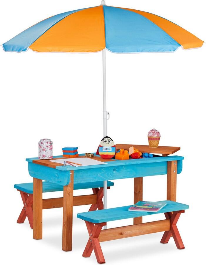 Relaxdays picknicktafel met parasol hout set met banken en tafel outdoor meubel kleurrijk