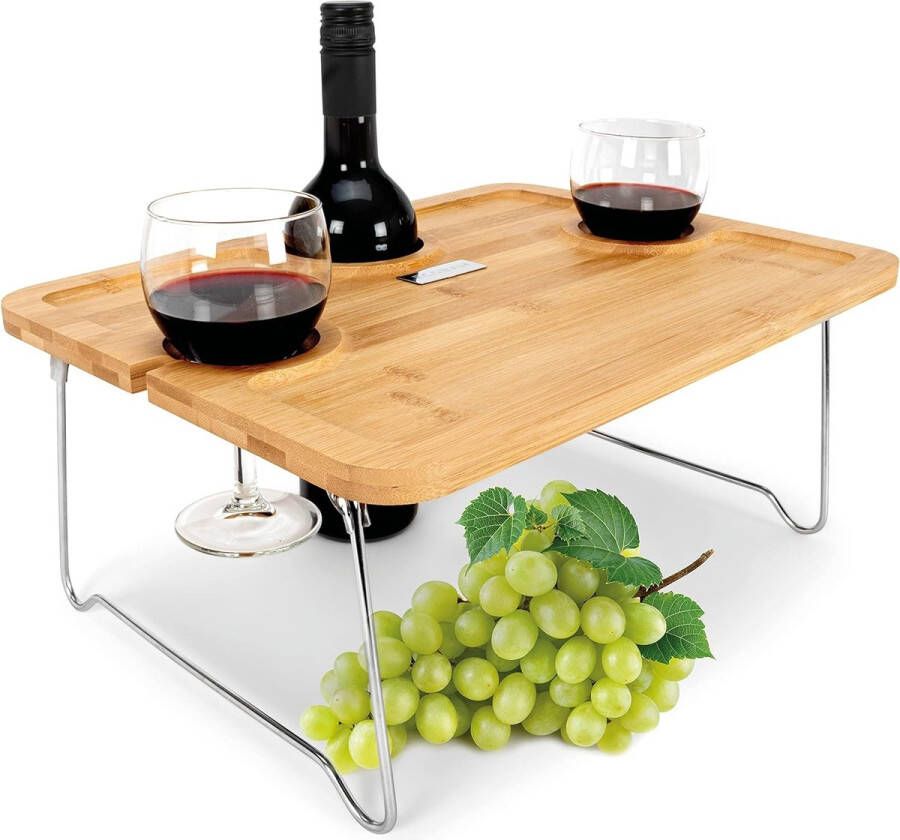 Picknicktafel met wijnglashouder [100% bamboe] bankbar wijntafel bedtafel en beddienblad voor camping ontbijt picknick strand bed