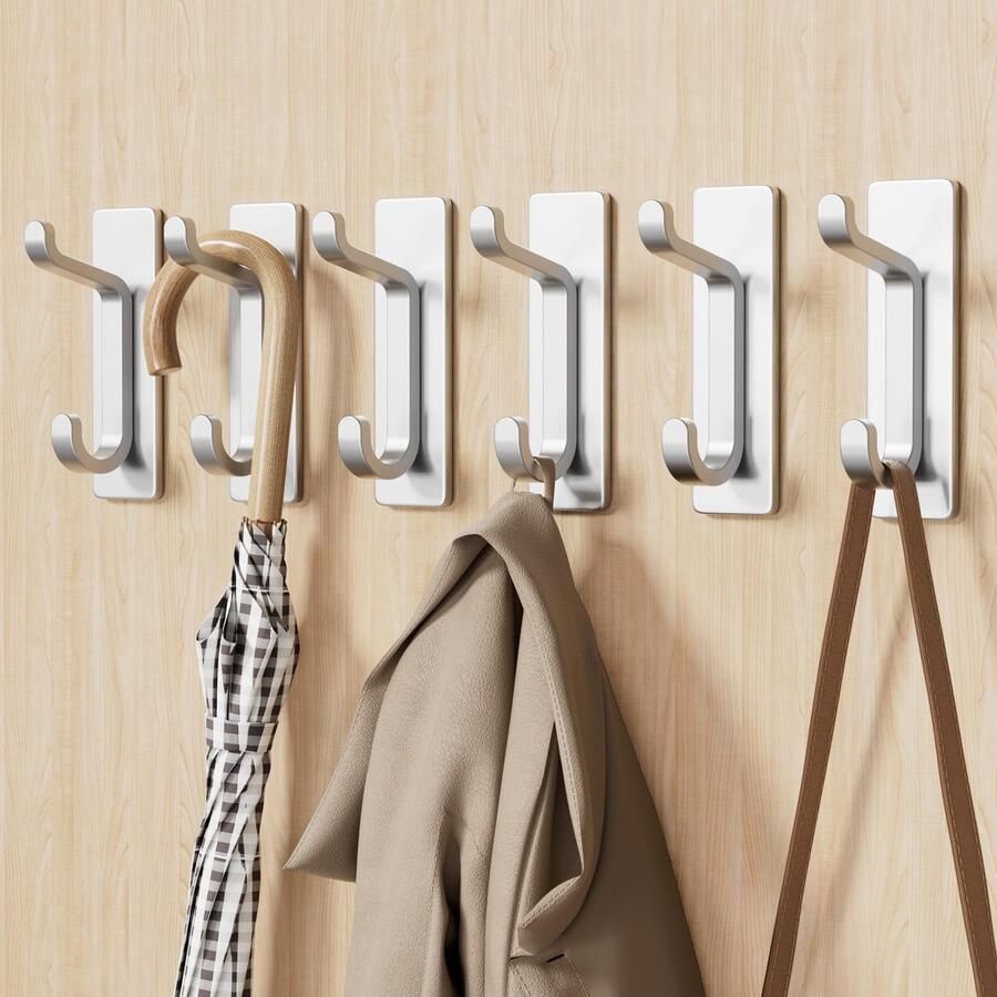 Pickpiff Zelfklevende Haken Extra Sterk Zelfklevende Wandhaken Handdoekhouder Zonder Boren Roestvrije Haken Tweelaagse Kapstokhaken voor Badkamer Keuken Handdoek Metaal Zilver 6 Stuks