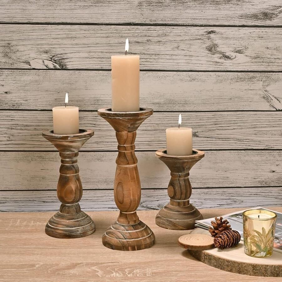 Pijler Kaarsenhouder Set van 3 Boerderij Decor Houten Kandelaars voor Tafel Centerpieces Bruin Woondecoratie Keuken Eetkamer Tafel Decor vloerkandelaar
