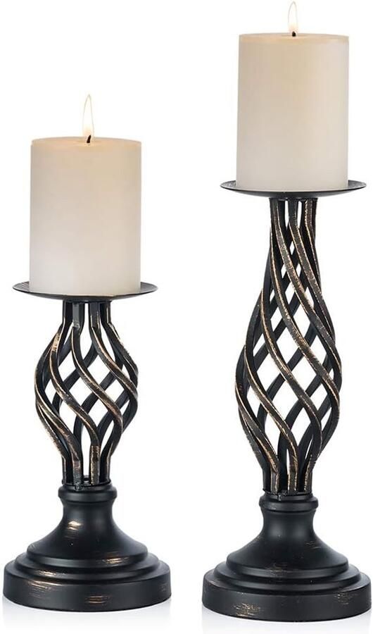 Pijler Kaarshouders Zwart Vintage Metalen Kaarsen Standaard Kandelaar Houder Gothic Kerstmis Halloween Huis Woonkamer Open Haard Bruiloft Tafel Centerpiece Decor 2 Stuks(22cm + 29cm)