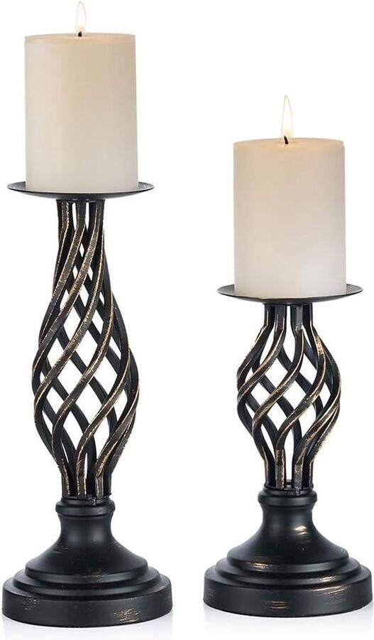 Pijler Kaarshouders Zwart Vintage Metalen Kandelaar Houder Gothic Kerstmis Halloween Decor Woonkamer Open Haard Bruiloft Tafel Centerpiece 2 Stuks(22cm + 29cm)