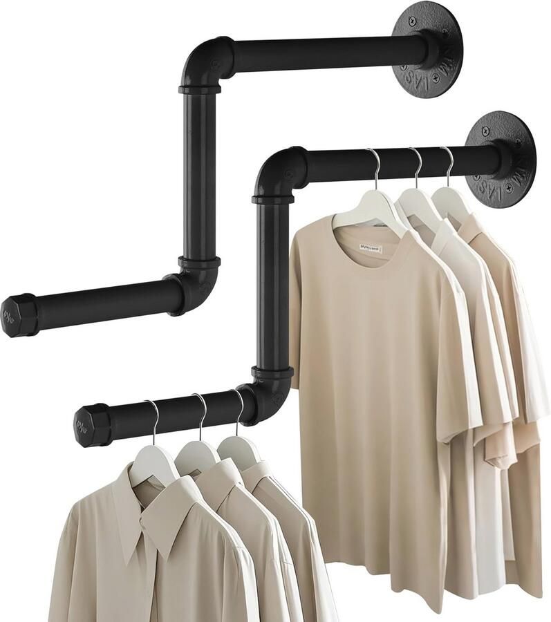 Pijp Kledingrek 2-Pack Afneembare Wandmontage voor Thuis en Winkel Industriële Stijl (Zwart) 46cm