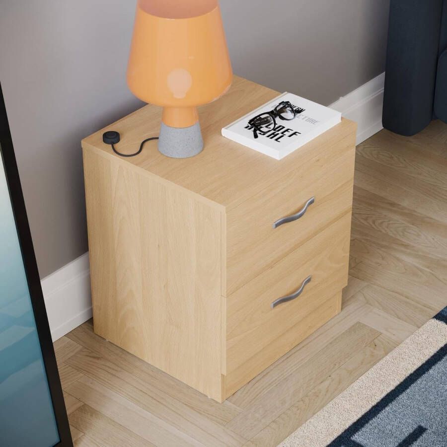 Pine Nachtkastje 2 lade met metalen handgrepen en lopers unieke anti-boog ladeondersteuning Riano slaapkamermeubilair