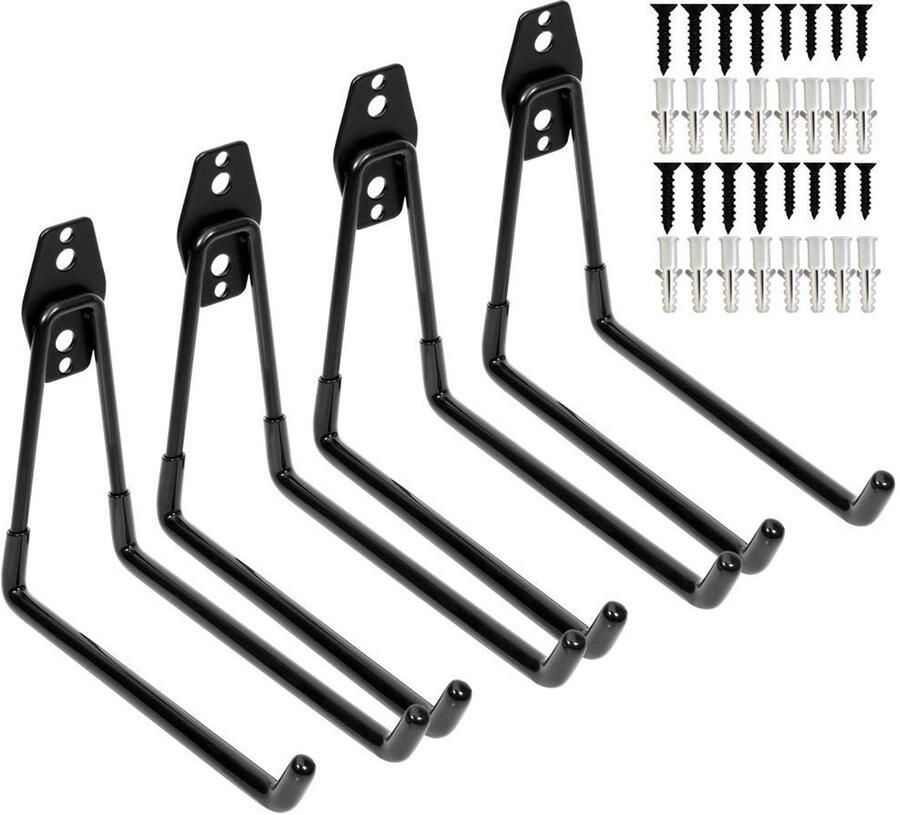 PiPaFox Heavy Duty Garage Opslag Utility Dubbele Haken Uitgebreide Muurbevestiging Gereedschapshouder Organizer voor Ladders Fiets Stoel 4-Pack Zwarte 7 5 Grote U-haken