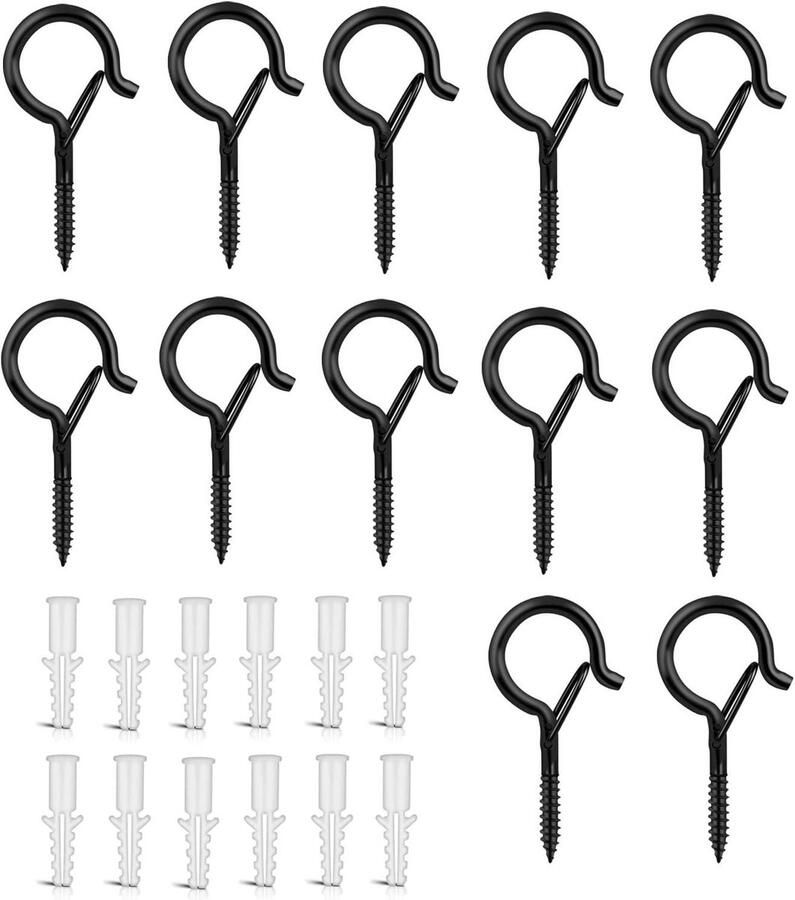 Plafondhaken Zwart 12 Stuks RVS Plafondhaken Zwaar Draagvermogen met Veiligheidssluiting inclusief Schroeven voor Plantenmanden Vogelhuisjes Hangmatten