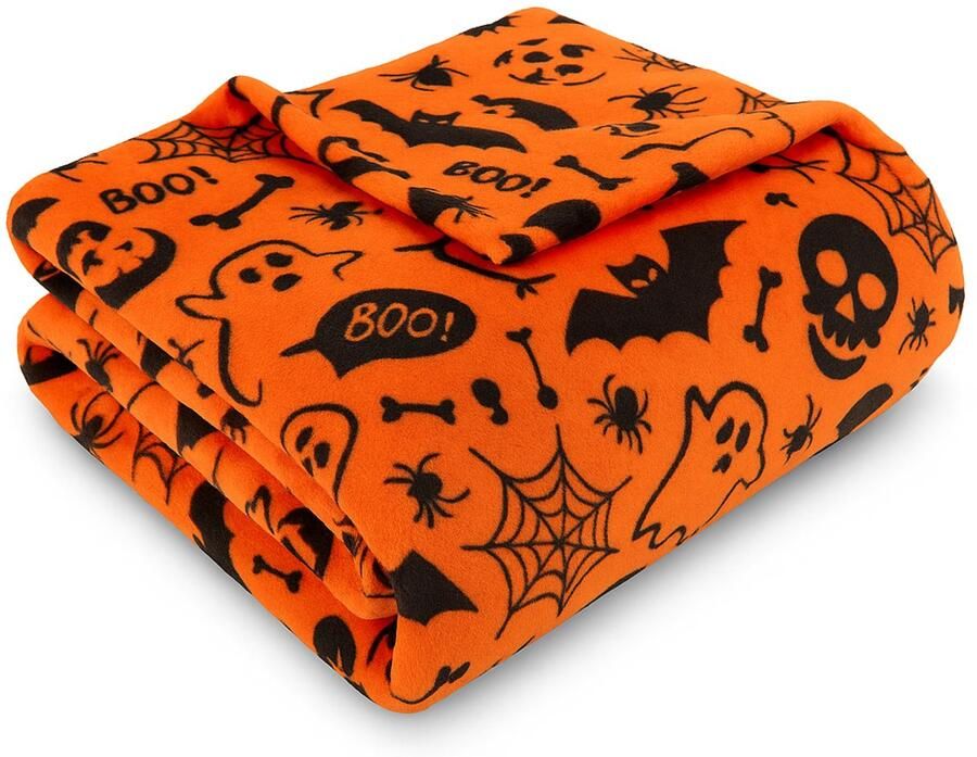 Plaid Halloween Deken Fleece Deken Kinderdeken Herfstdeken Halloween Gooi Deken Spook Deken Geest Dekentje 120x150 cm Oranje Deken voor Bank of Bed Lichtgewicht Dekentje Wasbaar Pompoen Deken Griezeldeken Boo