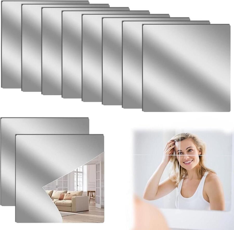 Plakspiegel rechthoek Adhesive Mirror Tiles Pack of 10 Frameless Flexible Acrylic Mirror Cabinet Wall School Home Living Room Bathroom 20x20cm Plakspiegel rechthoek