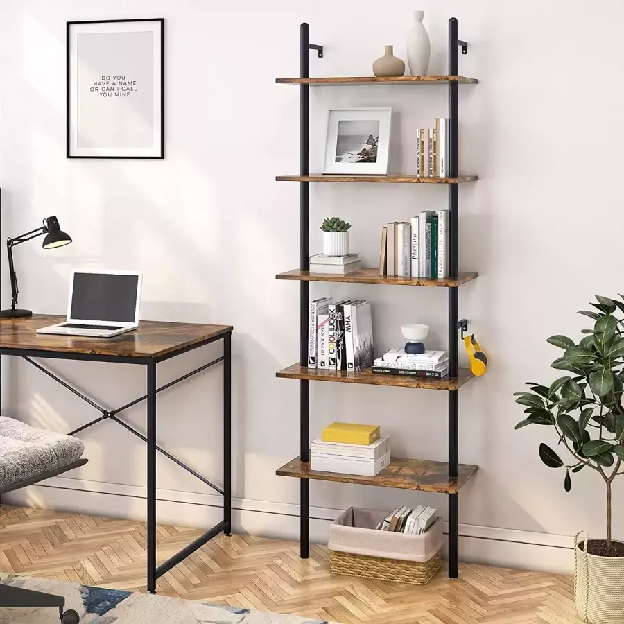 Plank 5-laags boekenkast 180 cm opbergmeubel met metalen frame zwevende wandplank voor woonkamer kantoor slaapkamer